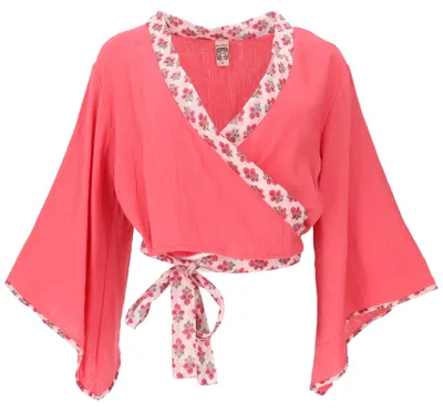 Produktbild von Kurztop, Boho Blusentop, Musselin Wickeltop, Wickelbluse mit Trompetenärmeln - Pink, Damen, Baumwolle, Größe: S