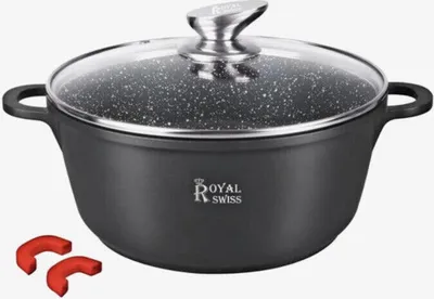 A black pot with a glass lid and silver handle, with two red accessories in the foreground.