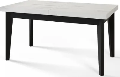 A modern dining table with a white marble-effect top and black legs, shown from a slight angle against a white background.