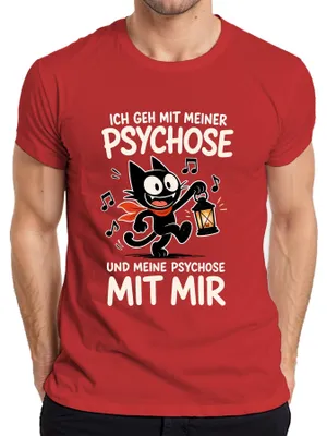 Obrázok produktu pre Pánske tričko s nápisom "Čierna mačka" a sarkastickým odkazom na psychózu, červená farba, veľkosť 3XL
