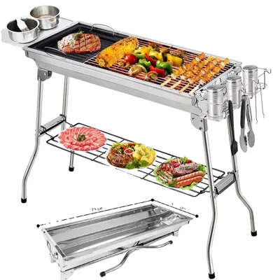 Obrázek produktu pro Gril na dřevěné uhlí z nerezové oceli, přenosný design, skládací grilovací rošt