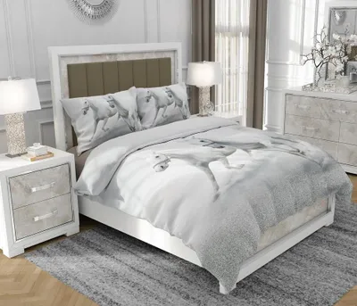 Immagine prodotto di Biancheria da letto 200x220 cm + 2x70x80 cm, set 3 pezzi, 100% cotone, cerniera, Cavalli, bianco - SOVIO | So.0215