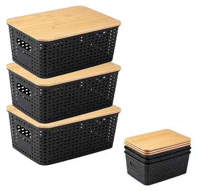 3er-Set Aufbewahrungsboxen mit Bambusdeckel, schwarz, 25x18x10 cm