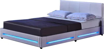 A white bed with blue LED lighting on the base.