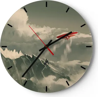 Produktbild von Wanduhr - Rund - Glasuhr - Rot Flugzeug Berge - 30x30cm - Schleichendes Uhrwerk - Lautlos - zum Aufhängen bereit - Dekoration Modern - Wanddekoration aus Glas - C3AR30x30-4854