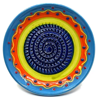 Image de Assiette à râper en céramique Kaladia, peinte à la main en bleu/orange/vert/jaune - diamètre env. 12 cm - passe au lave-vaisselle