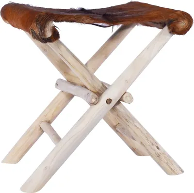 Image de The Living Store Tabouret pliant cuir véritable et bois massif teck