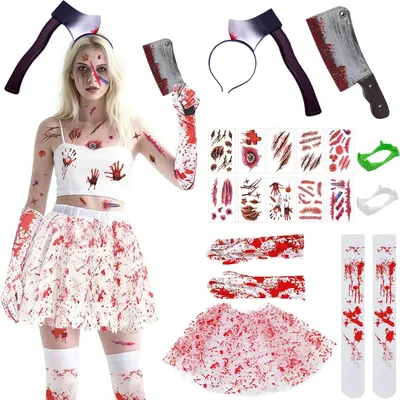 Produktbild von Damen Zombie Halloween Kostüm Tutu Set Blutig 17 Teile Rot Weiß