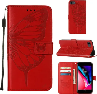 Produktbild von iPhone SE 2020 Hülle, Schmetterling Prägung Flip Leder Kartenfächer Schutzhülle Ledertasche mit Ständer für iPhone SE 2020 / 8 / 7 / 6s / 6 Rot