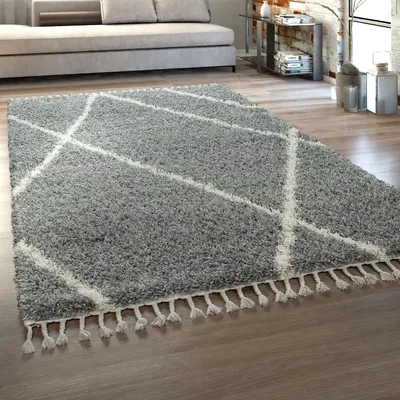 Produktbild von Hochflor Teppich Wohnzimmer Shaggy Skandinavischer Stil Modern Fransen Grau Creme Grösse 60x100 cm