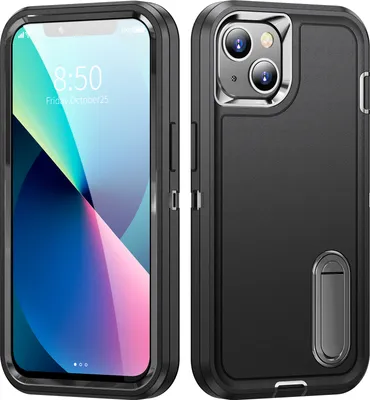 Immagine prodotto di Custodia per iPhone 13 /iPhone 14 Custodia protettiva ibrida a tre strati robusta e resistente agli urti con supporto nero