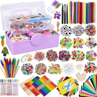 Produktbild von Famanu Bastelset DIY Kreativitätskoffer - inklusive Pfeifenreiniger, Wackelaugen, Sticks, Federn, Pompons, Perlen