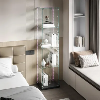 Obrázek produktu pro Skleněná vitrína – pro sběratelské předměty – 163 x 40 x 35 cm – LED osvětlení – 4 skleněné police – 1 dveře – černá barva