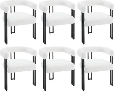 Six white chairs with black legs are arranged in two rows of three.