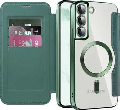 Immagine prodotto di Custodia per Samsung Galaxy S22+ 5G compatibile con MagSafe, custodia trasparente con portacarte, custodia in pelle con protezione della fotocamera verde