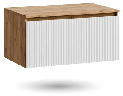 Produktbild von Planetmöbel ARISA Waschtischunterschrank Gold Eiche / Weiß Geriffelt 80 cm (für Gäste WC & Bad, Schublade mit Soft-Close)