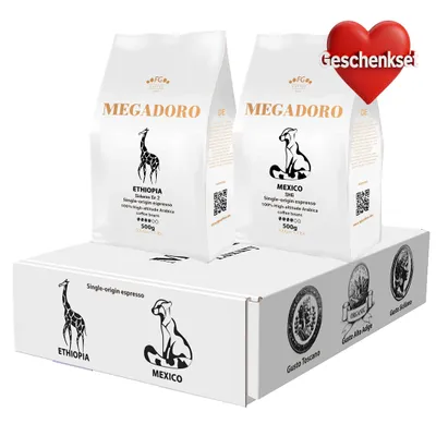 Produktbild von Megadoro Geschenkset 2 Äthiopien Sidamo und Mexico SHG Espresso Kaffeebohnen 100% Arabica 2x500g
