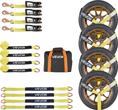 Zdjęcie produktu dla Pas napinający koło VEVOR (50,8 x 3657,6 mm) z hakiem sprężynowym o wytrzymałości na rozciąganie 4540 kg i nośności 1512 kg, system napinania koła motocykla, pas zabezpieczający oponę do przyczep SUV