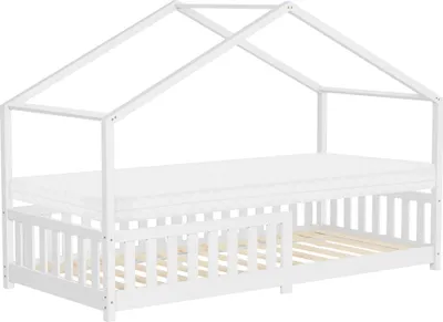 Obrázok produktu pre ML-Design detská posteľ domček posteľ 90x200 cm biela s matracom H:10cm, lamelový rošt a strecha proti vypadnutiu, posteľ na hranie z masívneho borovicového dreva podlahová posteľ
