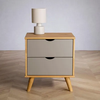 Produktbild von Nachttisch COLIMA, 2 Schubladen, Massivholz Kiefer, ideal für Boxspringbetten, grau & natur