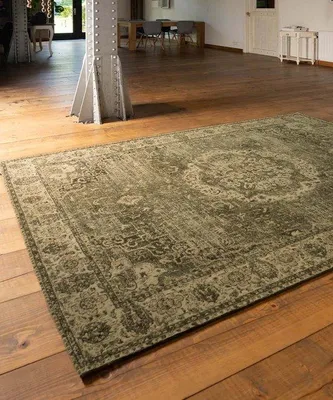 Imagen del producto de Alfombra vintage Unyqoos® Traditions: tejido a mano con chenilla, 100% algodón, auténtico diseño vintage con motivos de medallón, color verde, 200 x 290 cm