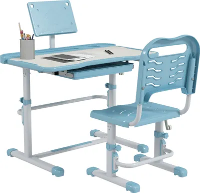 Produktbild von ZONEKIZ Schreibtisch- und Stuhl-Set für Kinder von 6–12 Jahren, höhen- und winkelverstellbarer Kinderschreibtisch mit 1 Schublade und 1 Bücherregal, 80 x 49,5 x 82–104 cm, Blau und Weiß