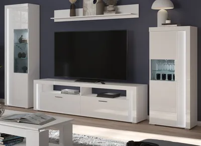 Productafbeelding van Wandmeubel "Skylight" in wit, glanzend. 4-delig wandmeubel, inclusief verlichting aan de voorzijde. Afmetingen: 351 x 202 cm