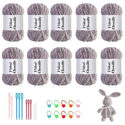 Image de Chenille, fil doux et moelleux, couleur violet-gris, 10 pelotes de 100g chacune
