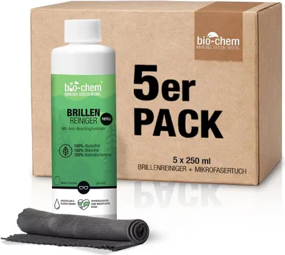 Produktbild von bio-chem Brillenreiniger mit ANTI-BESCHLAG-Funktion, Schutz vor beschlagenen Brillen, Anti-Fog-Spray, 5x 250 ml Nachfüllflasche (1250 ml) + Premium Mikrofasertuch/Brillenputztuch