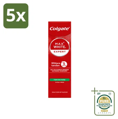 Imagen del producto de 5 unidades de pasta dental Colgate Max White Expert Purifying Power, blanqueadora, 75 ml, pack ahorro