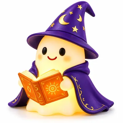 Produktbild von Geisterlampe LED Nachtlicht, Halloween Dekofigur mit Buch, süße Geist Figur aus Resin, Tischdeko für Kinderzimmer, Schlafzimmer und Party