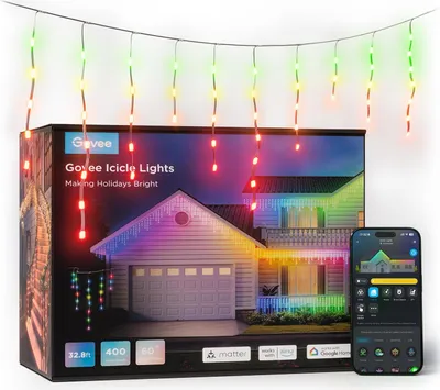 The image shows the product packaging for Govee Smart LED icicle lights, along with a sample of the lights themselves and a smartphone displaying the control app.
