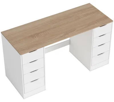 Produktbild von 140 cm Computertisch, 8 Schubladen, Schreibtisch für Homeoffice, Schlafzimmer, Stahl, Holz, Weiß