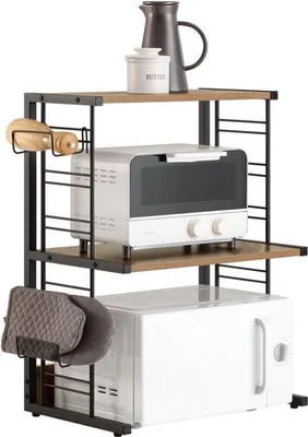 Image de Support pour magnétron - 2 étagères et 2 porte-bouteilles - Design industriel - Métal