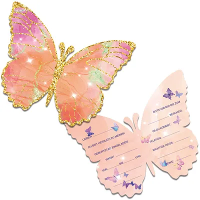 Einladungskarten Schmetterlinge, 12 Stk., 13,6x10,5 cm, Kindergeburtstag