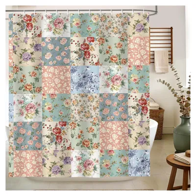 Produktbild von Boho Duschvorhang im Patchwork-Design 180 x 200 cm mit Retro-Blumenmuster
