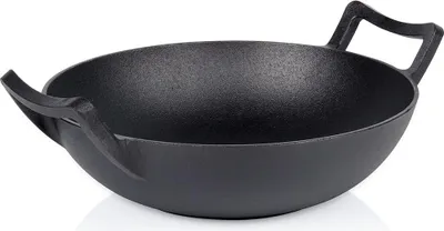 Produktbild von Wok aus Gusseisen, tiefe Bratpfanne zum Braten und Schmoren asiatischer Gerichte, 32 cm