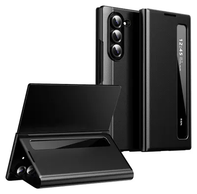 Image de Étui en cuirPolyuréthanepour Samsung Galaxy Z Fold 6, étui rabattable intelligent avec fenêtre latérale intelligente, couleur noire