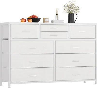 Imagen del producto de Cómoda con cajones, mueble auxiliar versátil y espacioso, de color blanco, fabricada con tablero de partículas (MDF/aglomerado), con estructura metálica resistente y materiales duraderos...