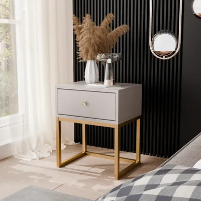 Image de Table de nuit MILO S Cachemire avec tiroir et poignée diamant sur support métallique doré pour la chambre à coucher