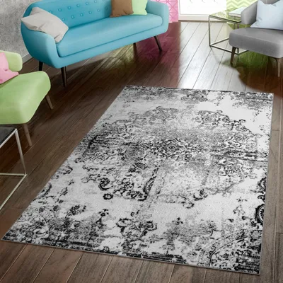 Produktbild von TT Home Teppich Modern Preiswert Wohnzimmer Teppiche Shabby Chic Vintage Schwarz Weiß Größe 60x100 cm