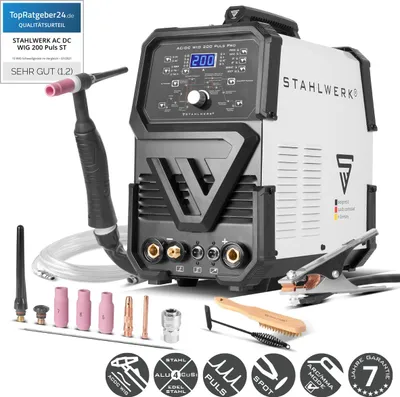 Produktbild von STAHLWERK Schutzgasschweißgerät AC/DC WIG 200 Puls Pro – Kombi-Inverter mit 200 A, MMA-Funktion (E-Hand), Pulsfunktion, Jobspeicher, Alu & Dünnblech