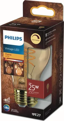 Zdjęcie produktu dla Philips Bursztynowa żarówka z widocznym spiralnym żarnikiem 25 W A60 E27, 4 W, 25 W, E27, 250 lm, 15000 h, Flame