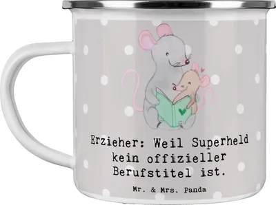 Produktbild von Mr. & Mrs. Panda Teetasse Erzieher Superheld - Grau Pastell - Geschenk, Emaille Tasse, Berufspassion, Engagement, Berufstitel, Kaffeepott, Betreuung, Liebe, Wertschätzung