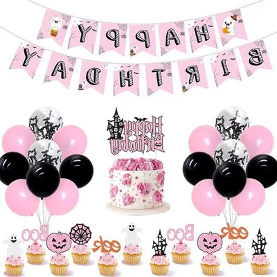 Obrázek produktu pro Růžová černá Halloween narozeninové dekorace - Happy Birthday Banner Baby Ghost Bat Balónky - Halloween Glitter Cake Topper Dekorace Set