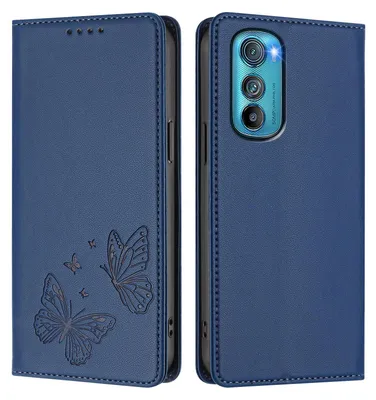 Obrázek produktu pro Kožené pouzdro pro Motorola Edge 30, motýlí ražbou, peněženkové flip pouzdro se stojánkem Tmavě modrá