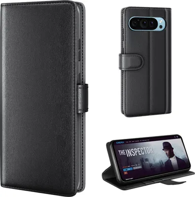 Produktbild von Echtleder Handyhülle für Google Pixel 10 Pro Lederhülle Cover Case Tasche Klapphülle Fliphülle Leder Hülle Farbe: Schwarz