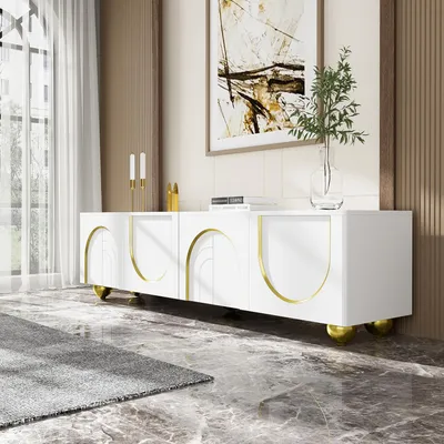 Image de OKWISH Meuble TV Moderne avec 4 Portes Structurées et Étagères Réglables - Meuble Bas design Contemporain en Panneaux de Particules - Blanc et Or - 170x38x44 cm