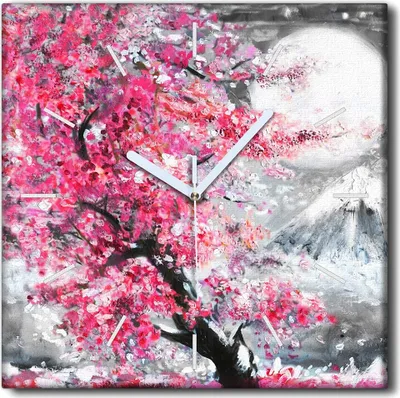 Produktbild von Coloray Uhr auf Leinwand 30x30 cm Wand Uhr Dekoration Wohnzimmer Segeltuch weiße Zeiger -Kirschgebirge Landschaft.