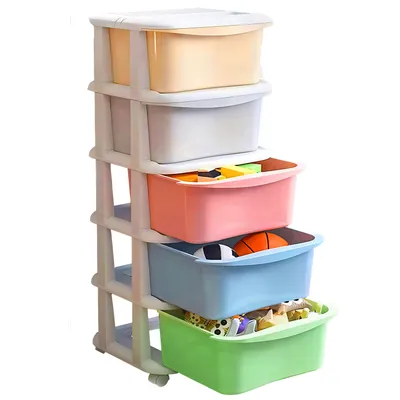 A multi-colored plastic storage unit with five drawers, filled with toys and other items.
